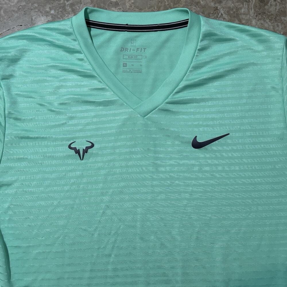 Nike Court Shirt Mens XL Slim Fit Green Short Sleeve Rafa Nadal Tennis CI9148